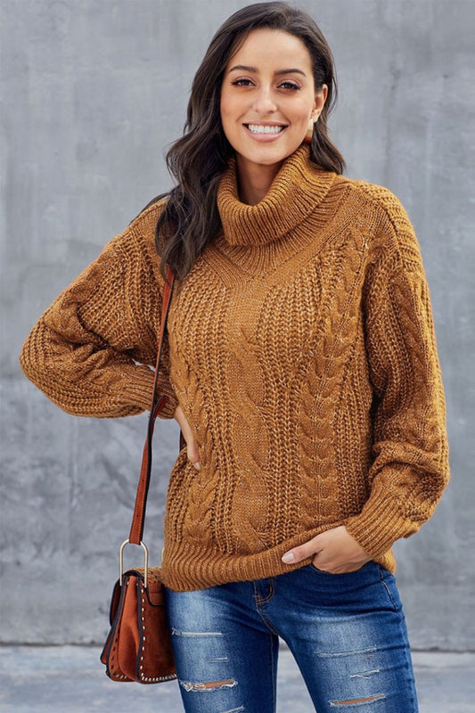 Women's Turtleneck Sweater Chunky Braided Pattern - VibreMode