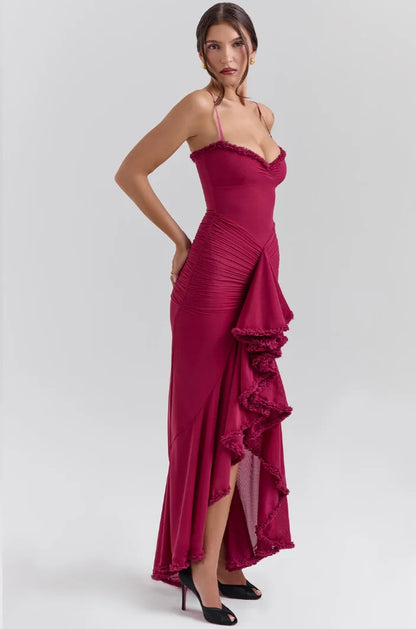 Women's Fitted Midi Dress Ruffled Details