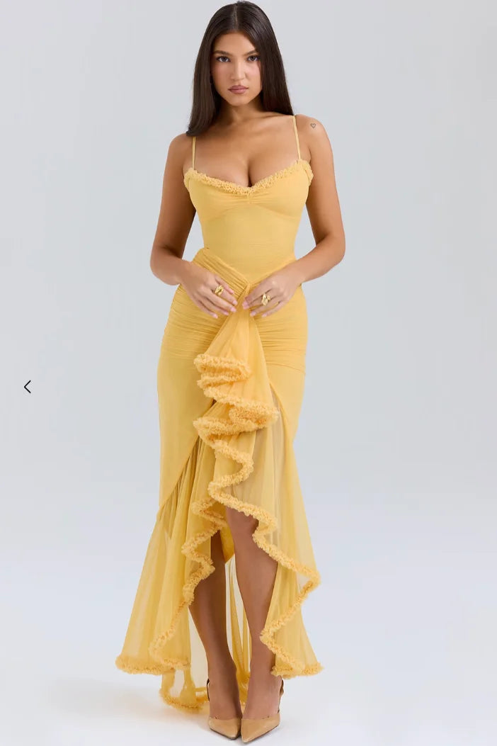 Women's Fitted Midi Dress Ruffled Details - VibreMode