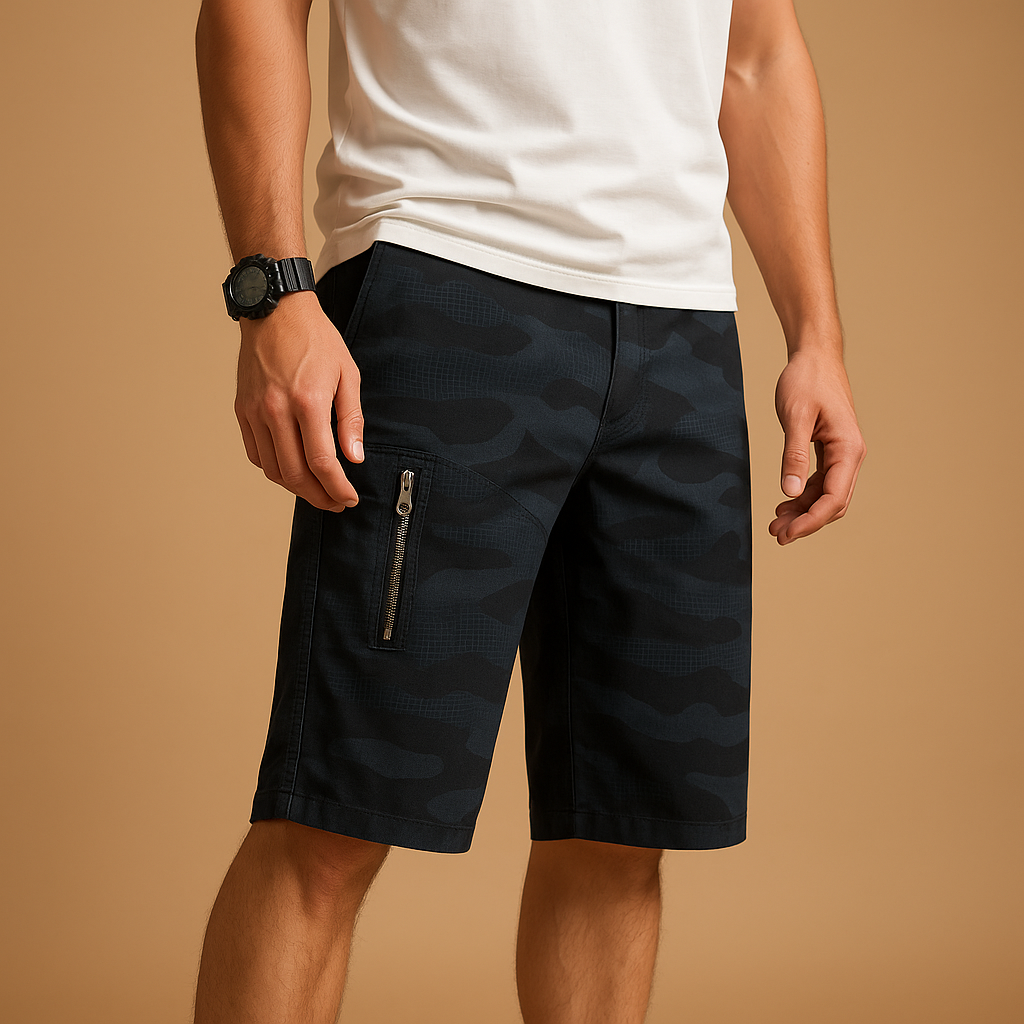 Men’s camouflage cargo shorts with multiple pockets, ideal for hiking, camping, and everyday outdoor wear.