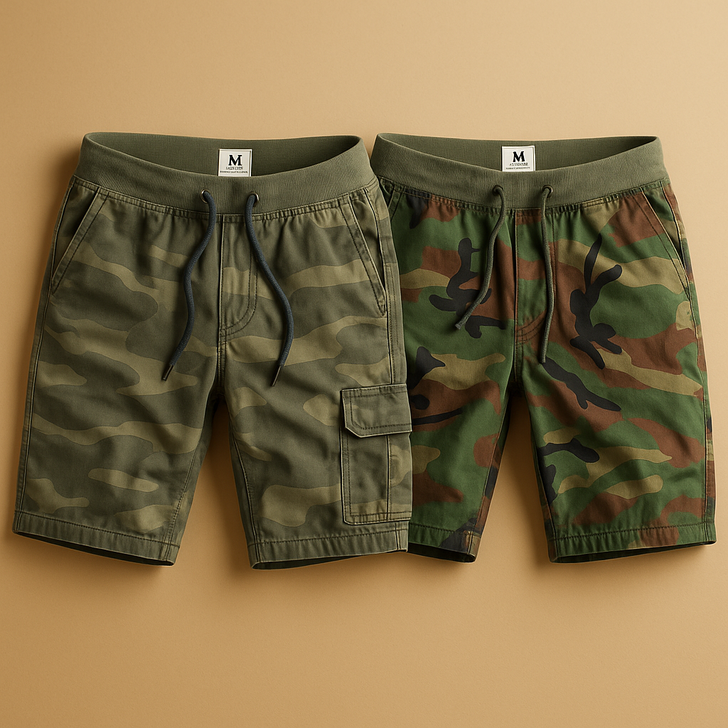 Men’s camouflage shorts with breathable design, perfect for outdoor adventures, walking, and casual summer wear.