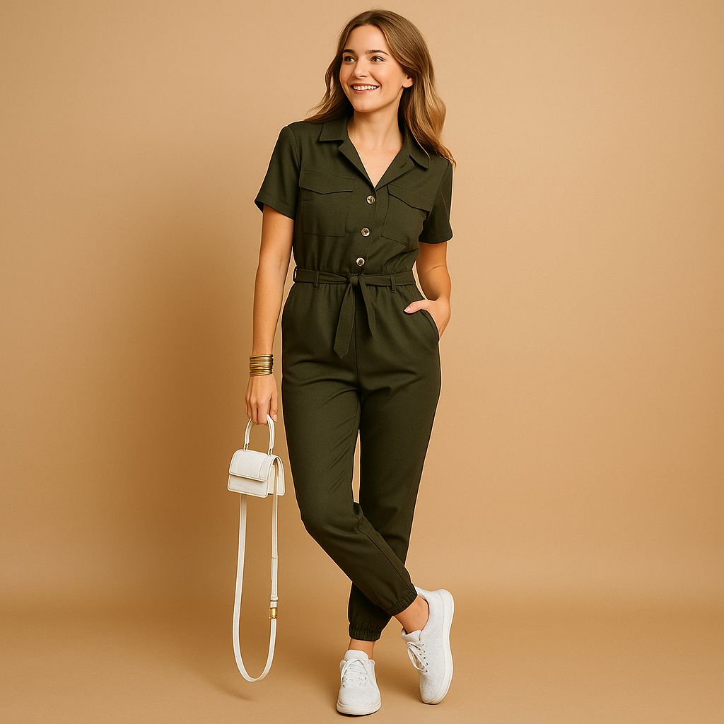 Woman wearing a tailored cargo jumpsuit with a V-neckline and cargo pockets, suitable for casual or chic occasions.