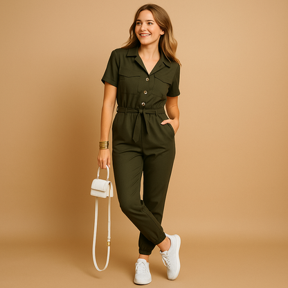 Woman wearing a tailored cargo jumpsuit with a V-neckline and cargo pockets, suitable for casual or chic occasions.