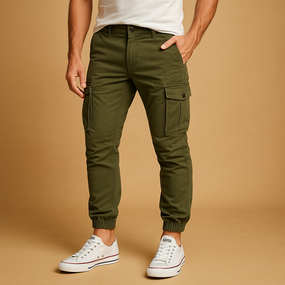 Men’s cargo pants with multiple utility pockets, designed for outdoor activities, city wear, and everyday comfort.