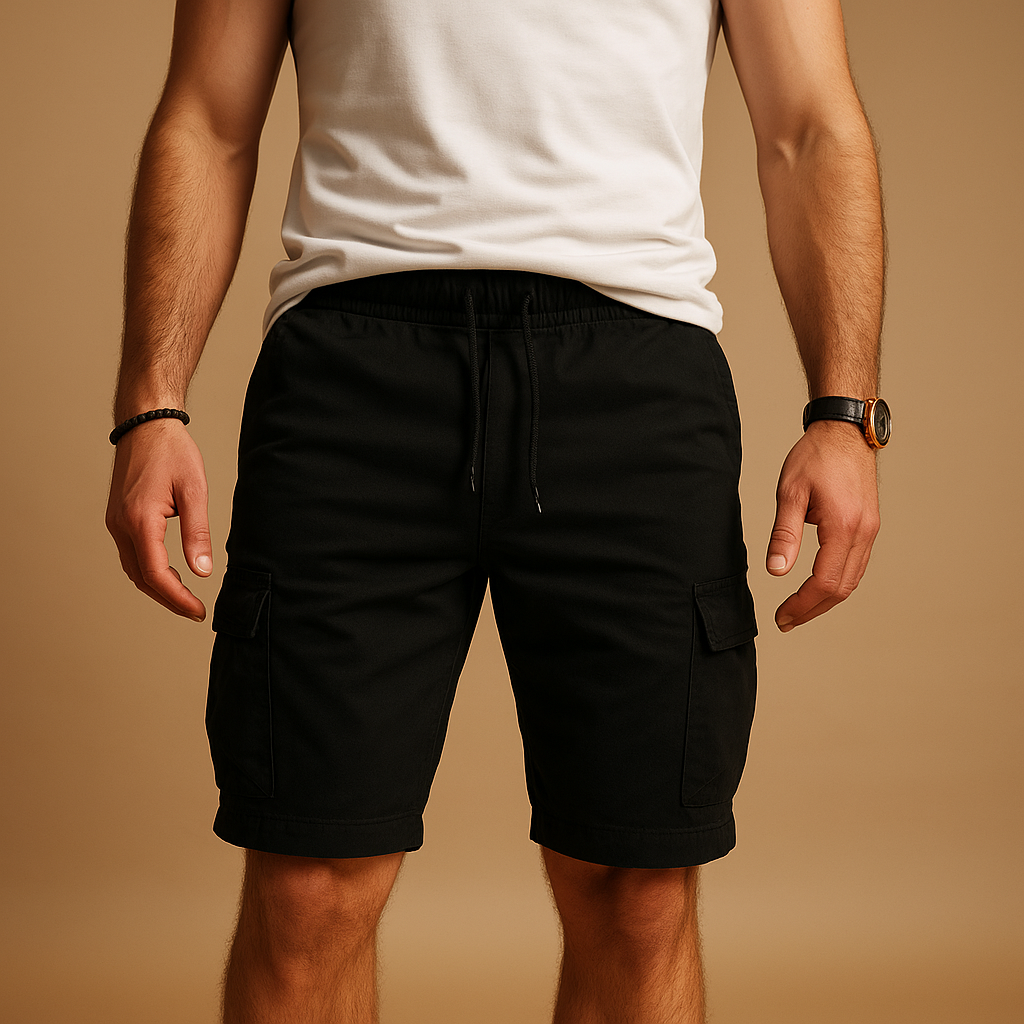 Men’s cargo shorts with elastic waistband and multiple pockets, ideal for casual wear, outdoor activities, and warm summer days.