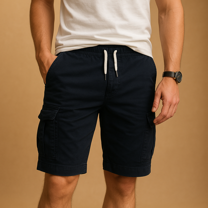 Men’s cargo shorts with elastic waistband and multiple pockets, ideal for casual wear, outdoor activities, and warm summer days.