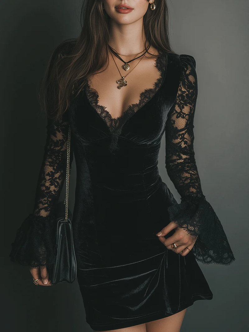 Women's V-Neck Lace Mini Dress - VibreMode