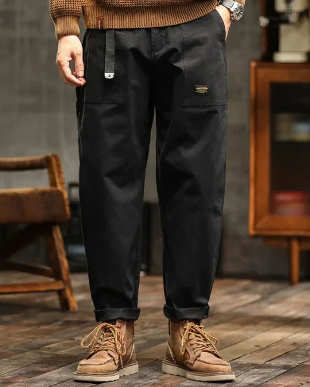 Men's Long Cargo Pants Cotton Belt Loops Khaki
