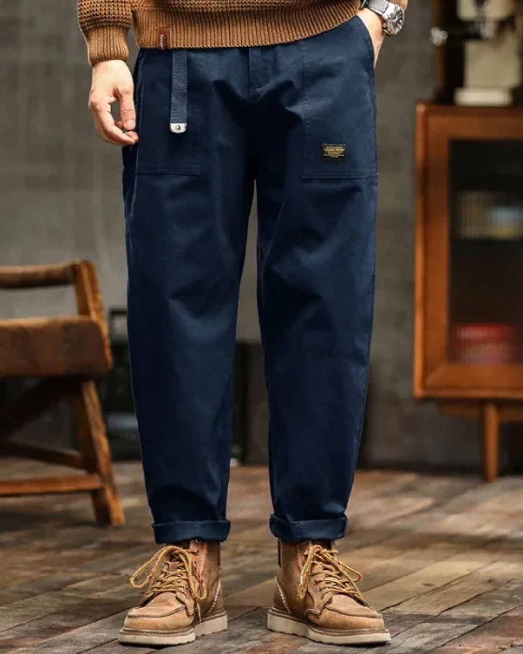 Men's Long Cargo Pants Cotton Belt Loops Khaki