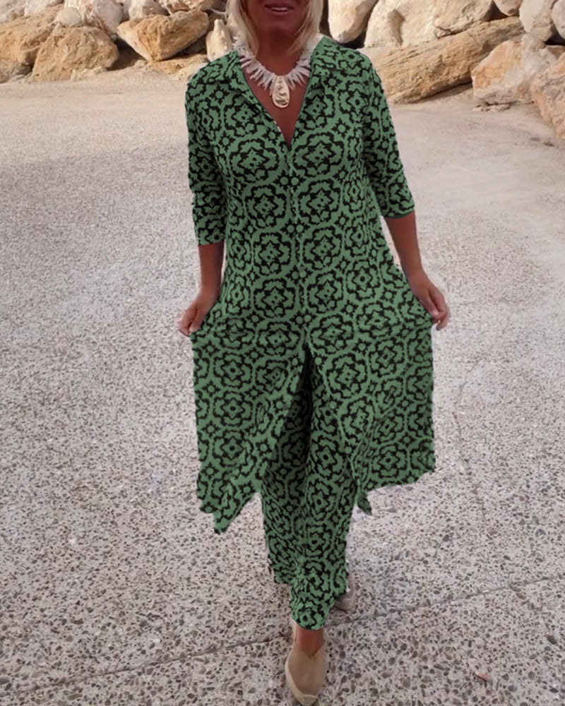 Image of Carolyn | Women's Button-Up Printed Two-Piece Pant Set