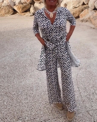 Image of Carolyn | Women's Button-Up Printed Two-Piece Pant Set