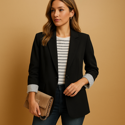 Casual women’s blazer with long sleeves and a tailored fit, ideal for office wear, everyday outings, and year-round styling.