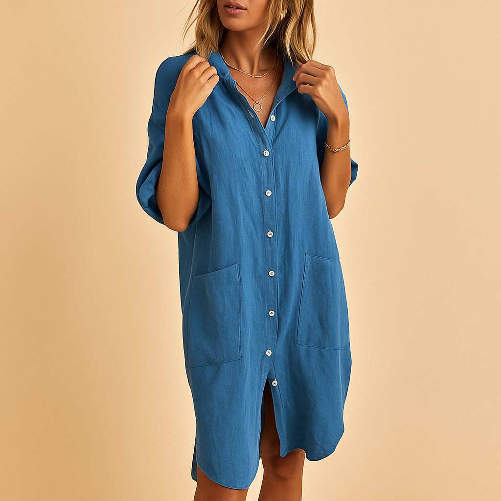 Women’s casual button-up shirt dress with pockets and relaxed fit, perfect for work, daily wear, and stylish casual outfits.