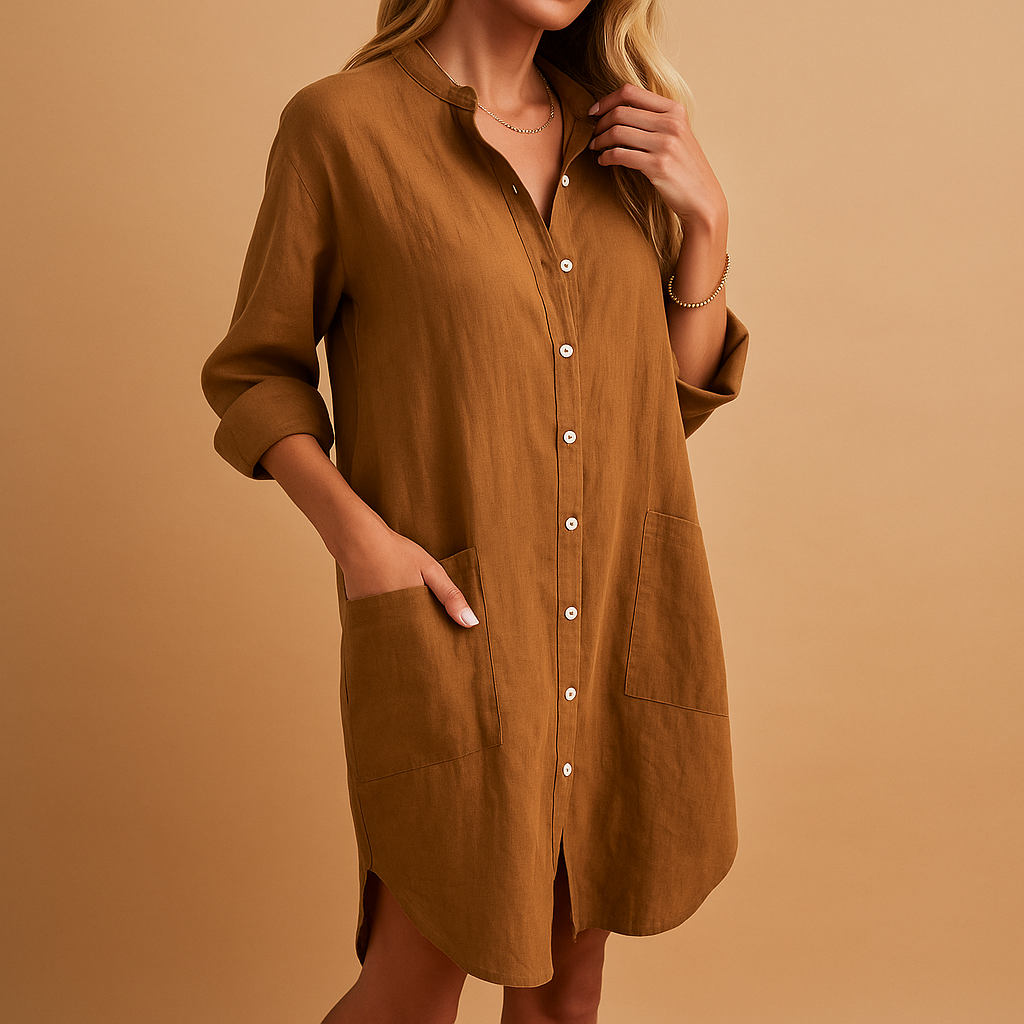 Women’s casual button-up shirt dress with pockets and relaxed fit, perfect for work, daily wear, and stylish casual outfits.
