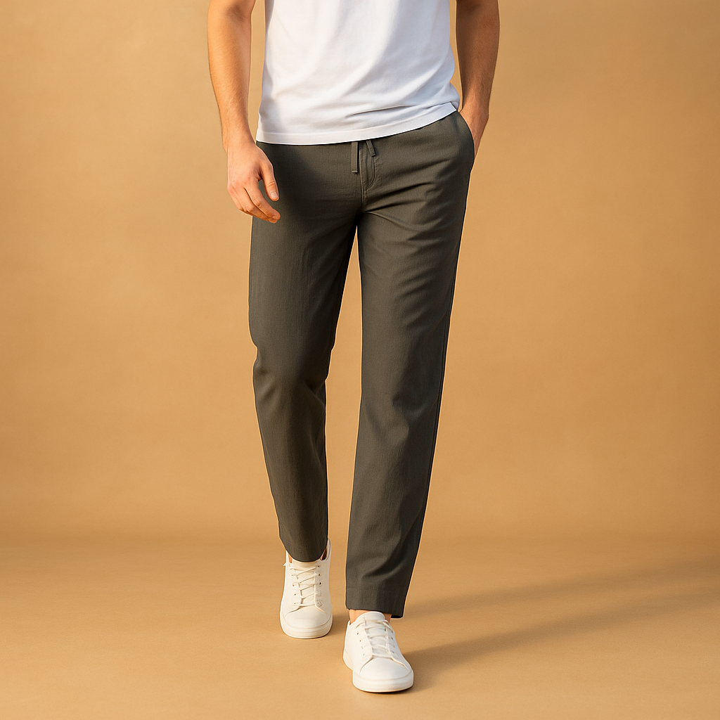 Men’s casual cotton pants with elastic waistband, ideal for relaxing at home, casual outfits, and comfortable everyday wear.
