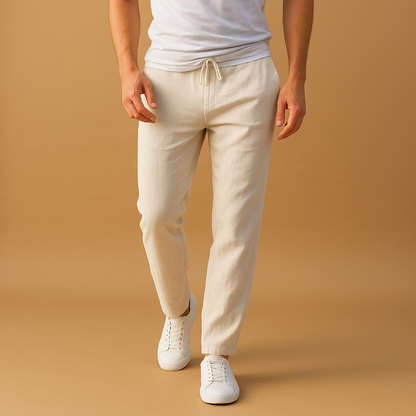 Men’s casual cotton pants with elastic waistband, ideal for relaxing at home, casual outfits, and comfortable everyday wear.