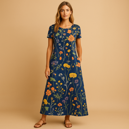 Casual floral midi dress for women with comfortable fit and refined details, ideal for work, dinners, and everyday wear.