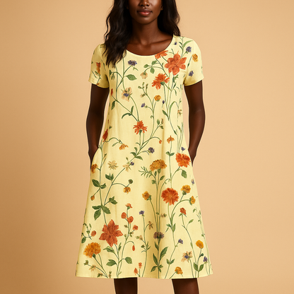Casual floral midi dress for women with comfortable fit and refined details, ideal for work, dinners, and everyday wear.