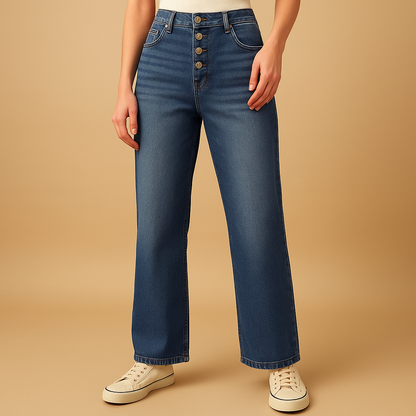 Women’s casual high waisted loose fit jeans in classic denim blue with a relaxed silhouette, perfect for everyday outfits and modern casual style.
