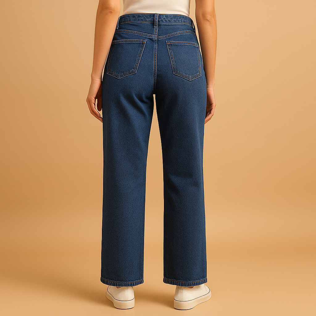 Women’s casual high waisted loose fit jeans in classic denim blue with a relaxed silhouette, perfect for everyday outfits and modern casual style.