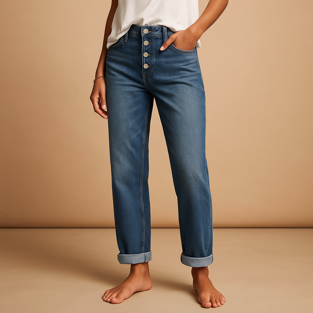 Women’s casual high waisted loose fit jeans in classic denim blue with a relaxed silhouette, perfect for everyday outfits and modern casual style.