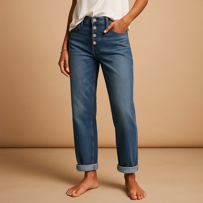 Women’s casual high waisted loose fit jeans in classic denim blue with a relaxed silhouette, perfect for everyday outfits and modern casual style.