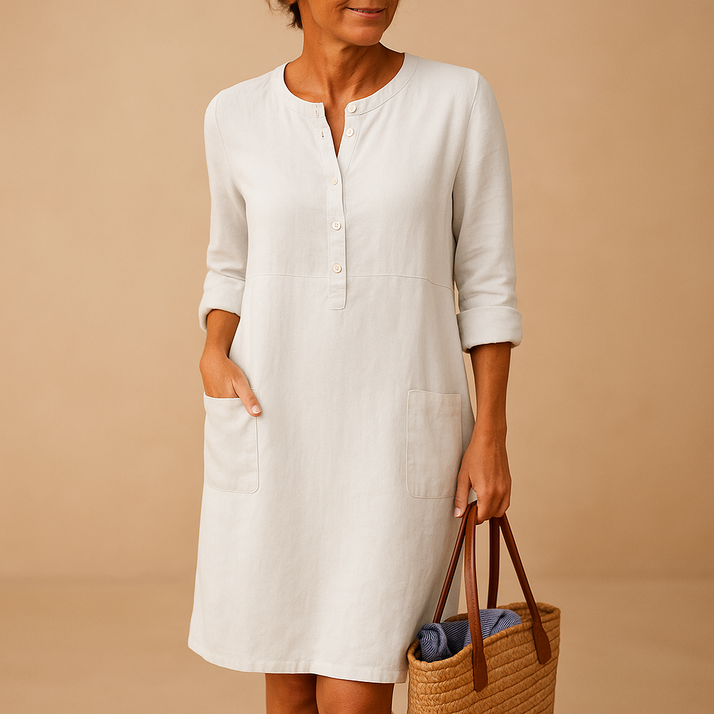 Women’s casual long button dress with rolled sleeves and side pockets in beige, olive green, and black, perfect for daily wear and relaxed outings.