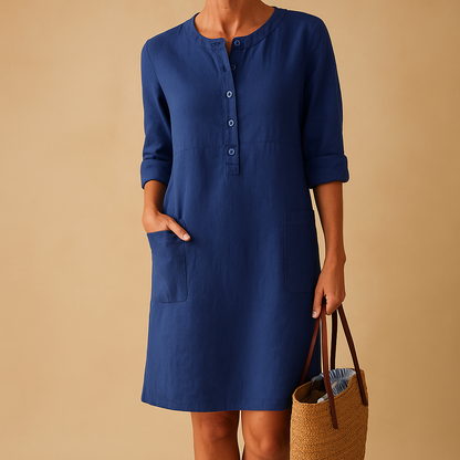 Women’s casual long button dress with rolled sleeves and side pockets in beige, olive green, and black, perfect for daily wear and relaxed outings.