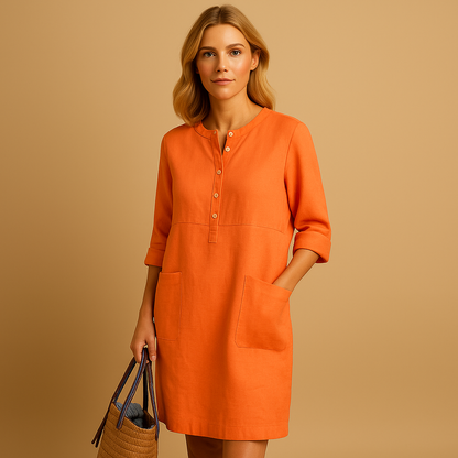 Women’s casual long button dress with rolled sleeves and side pockets in beige, olive green, and black, perfect for daily wear and relaxed outings.