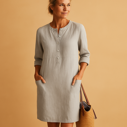 Women’s casual long button front dress with rolled sleeves and side pockets in beige, olive green or black, ideal for everyday wear and weekends.