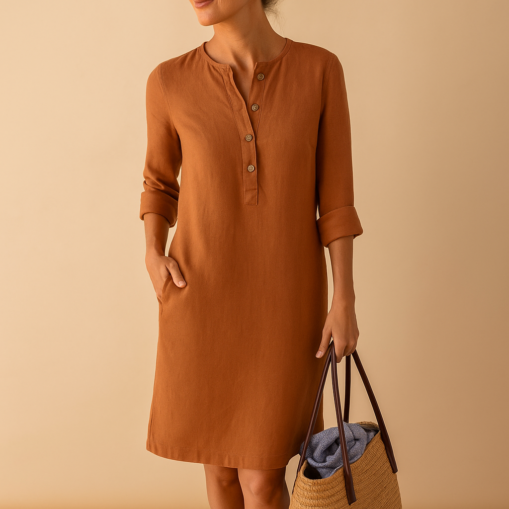Women’s casual long button front dress with rolled sleeves and side pockets in beige, olive green or black, ideal for everyday wear and weekends.