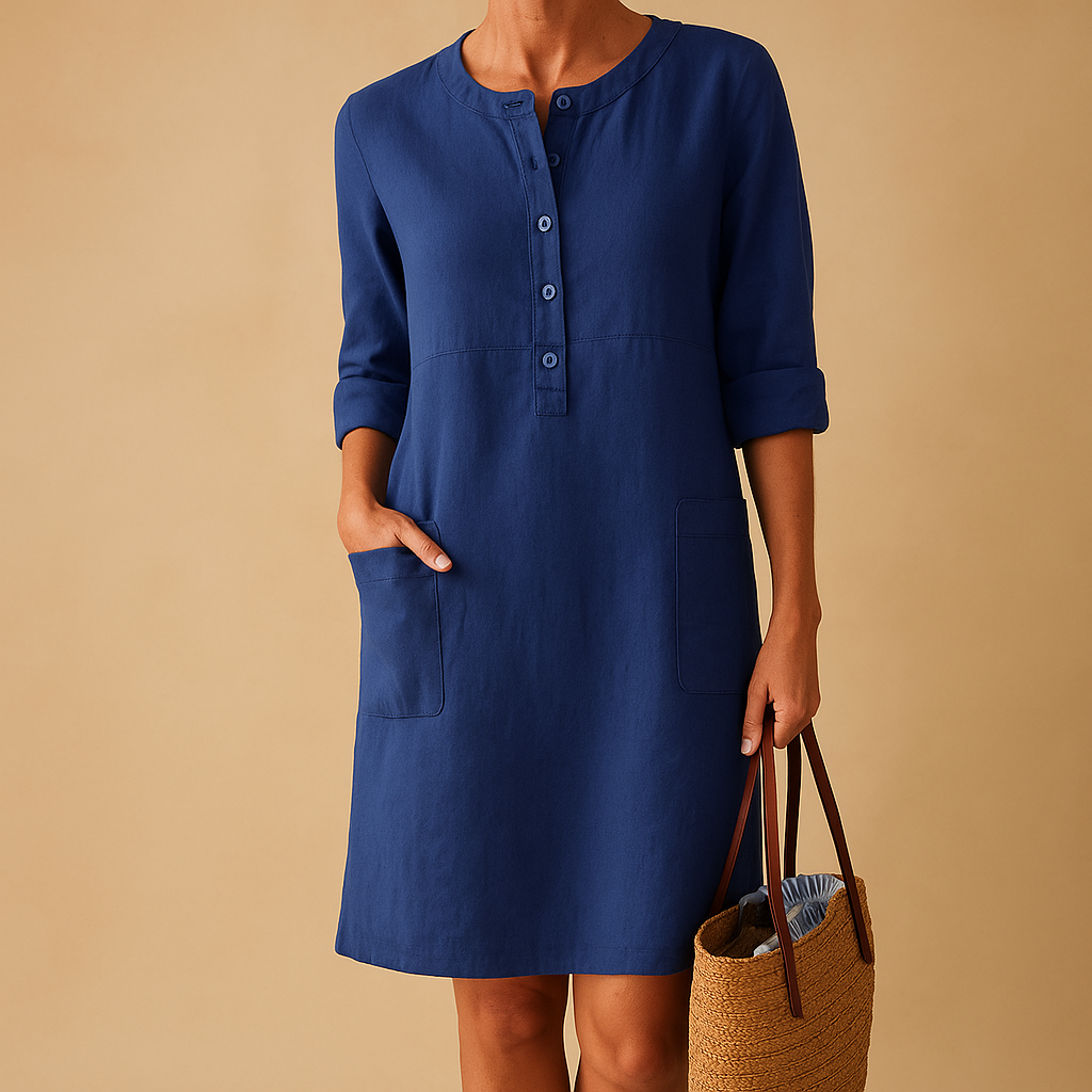 Women’s casual long button front dress with rolled sleeves and side pockets in beige, olive green or black, ideal for everyday wear and weekends.