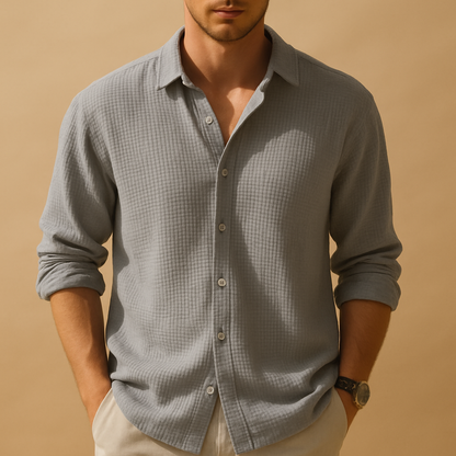 Casual long sleeve stand collar shirt for men with a solid minimalist design and comfortable fit, ideal for work, dinners, and everyday outfits.