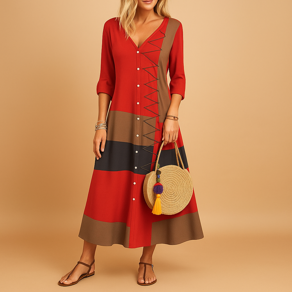 Casual midi dress for women with button front, loose fit, and mid-length sleeves featuring color contrast and zig-zag stitching for everyday style.