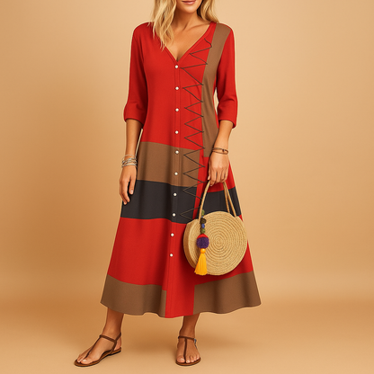 Casual midi dress for women with button front, loose fit, and mid-length sleeves featuring color contrast and zig-zag stitching for everyday style.