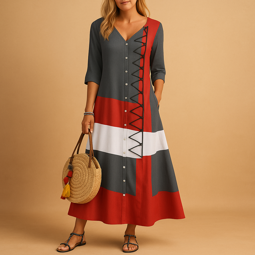 Casual midi dress for women with button front, loose fit, and mid-length sleeves featuring color contrast and zig-zag stitching for everyday style.