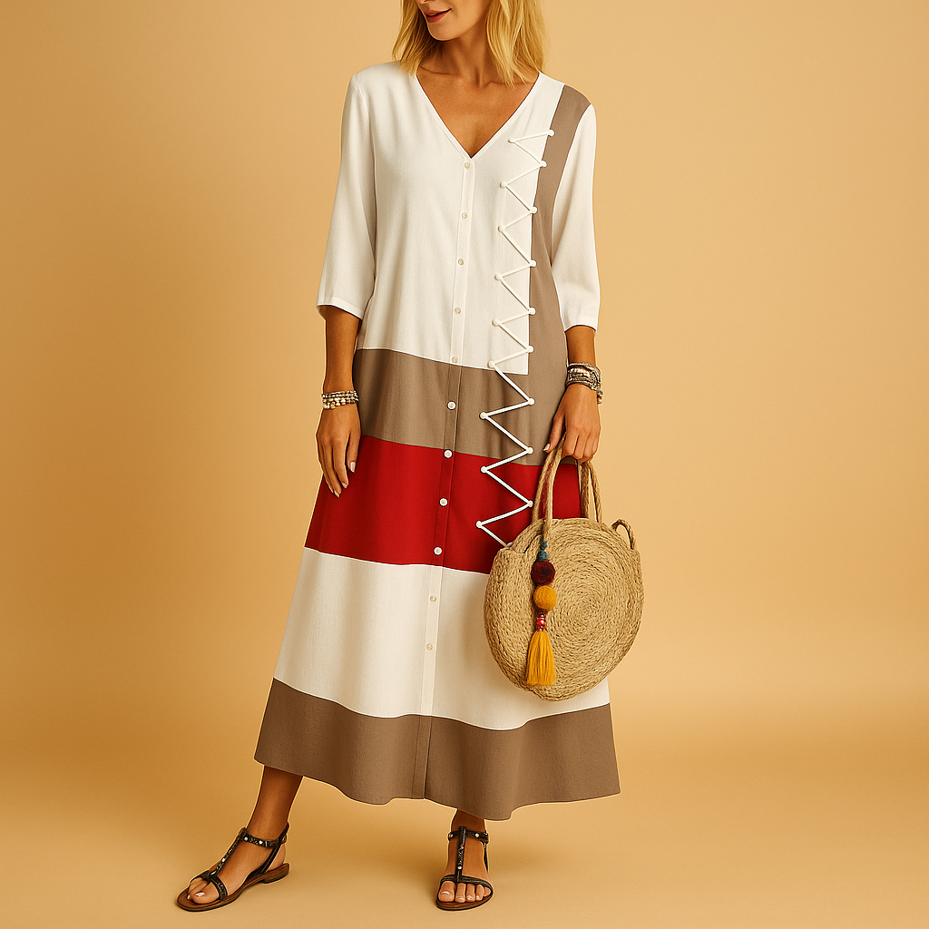 Casual midi dress for women with button front, loose fit, and mid-length sleeves featuring color contrast and zig-zag stitching for everyday style.