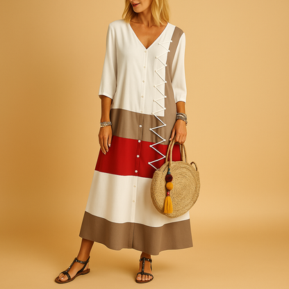 Casual midi dress for women with button front, loose fit, and mid-length sleeves featuring color contrast and zig-zag stitching for everyday style.