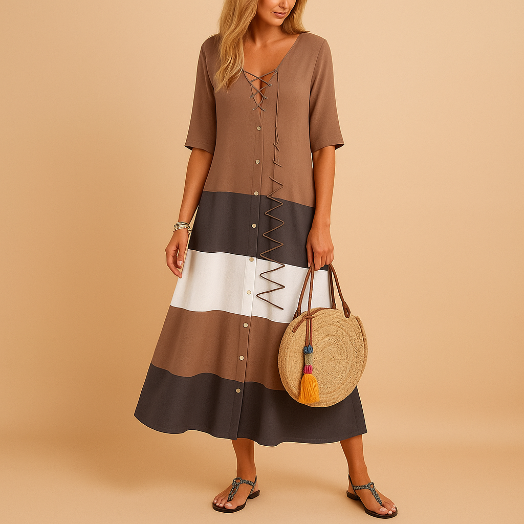 Relaxed Fit Midi Dress for Women with Button Detail - VibreMode