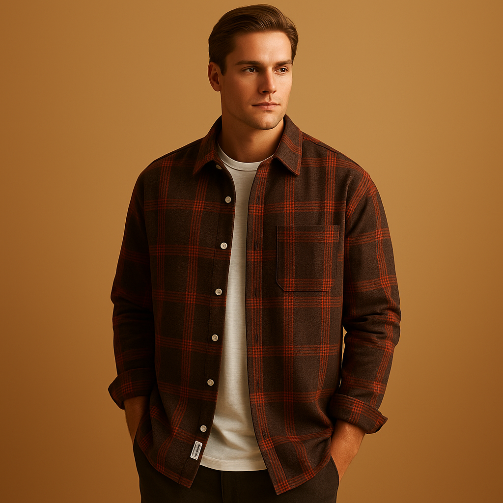 Casual plaid button-up shirt for men with a classic checkered pattern and turn-down collar, perfect for everyday wear and relaxed casual outfits.