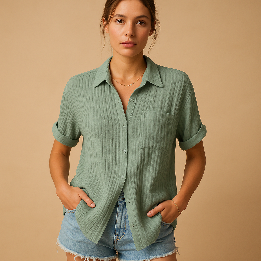 Women’s casual short sleeve polo with a classic collar and chest pocket, designed for summer days, everyday wear, and relaxed occasions.