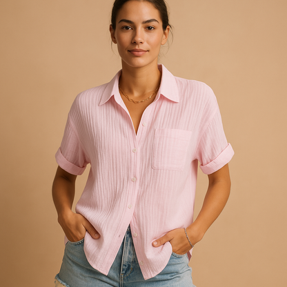Women’s casual short sleeve polo with a classic collar and chest pocket, designed for summer days, everyday wear, and relaxed occasions.