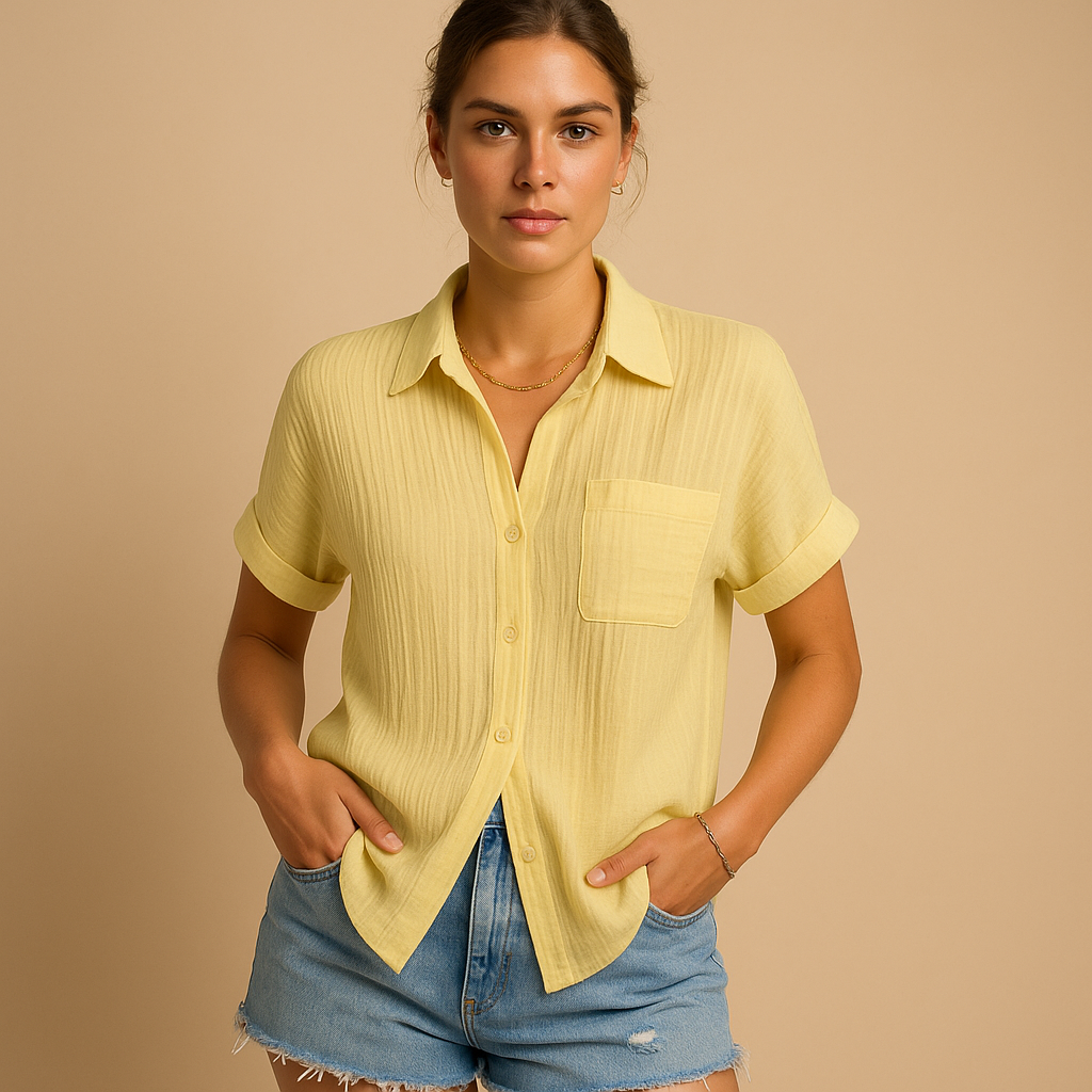 Women’s casual short sleeve polo with a classic collar and chest pocket, designed for summer days, everyday wear, and relaxed occasions.