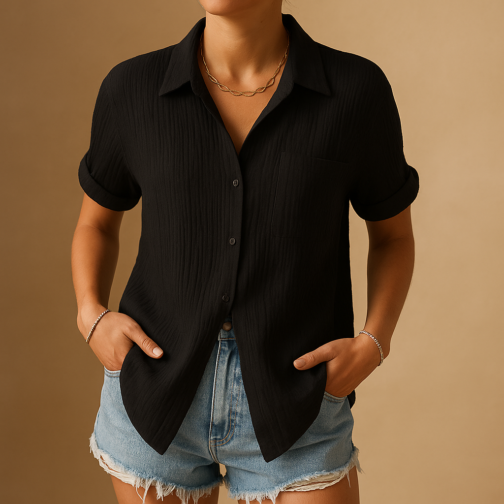 Women’s casual short sleeve polo with a classic collar and chest pocket, designed for summer days, everyday wear, and relaxed occasions.