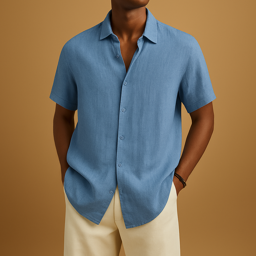 Casual short sleeve summer shirt for men with a regular fit and classic collar, ideal for vacations, beach walks, and relaxed everyday outfits.