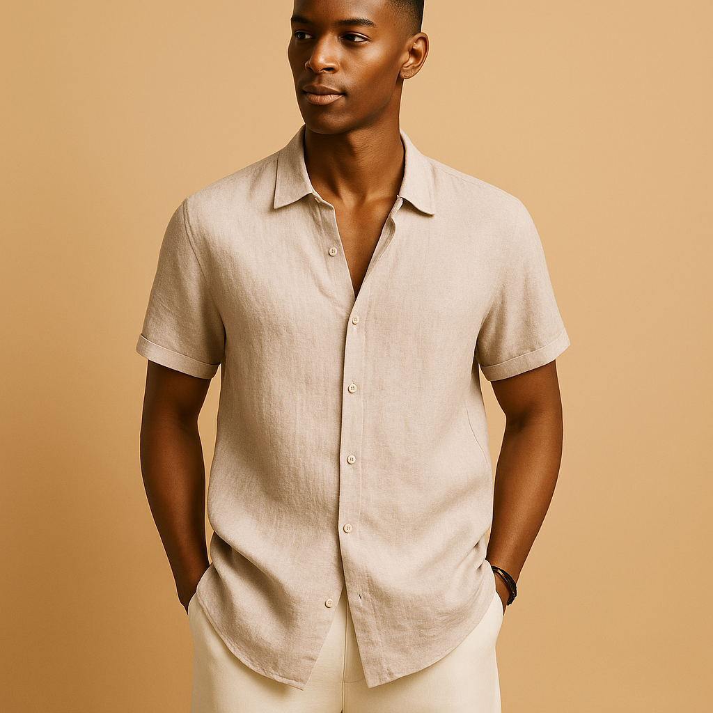 Casual short sleeve summer shirt for men with a regular fit and classic collar, ideal for vacations, beach walks, and relaxed everyday outfits.