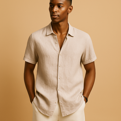 Casual short sleeve summer shirt for men with a regular fit and classic collar, ideal for vacations, beach walks, and relaxed everyday outfits.