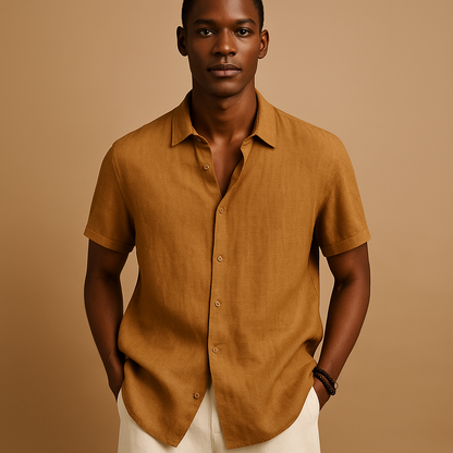 Casual short sleeve summer shirt for men with a regular fit and classic collar, ideal for vacations, beach walks, and relaxed everyday outfits.