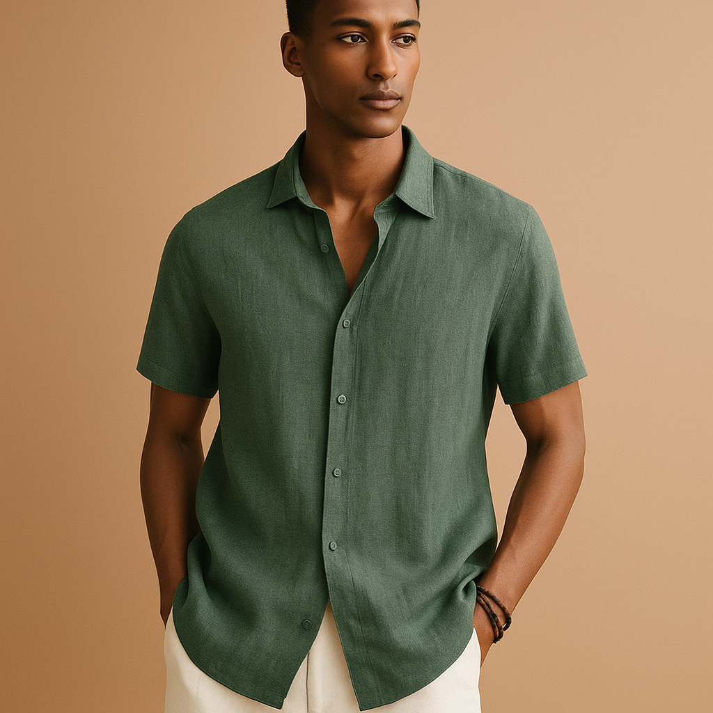 Casual short sleeve summer shirt for men with a regular fit and classic collar, ideal for vacations, beach walks, and relaxed everyday outfits.