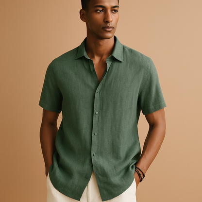 Casual short sleeve summer shirt for men with a regular fit and classic collar, ideal for vacations, beach walks, and relaxed everyday outfits.